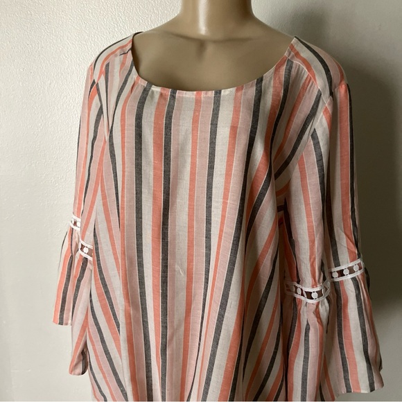 Alyx Front Tie Bell Sleeve Peasant Boho Top L Coral Gray Striped Pullover Shirt - Picture 2 of 11